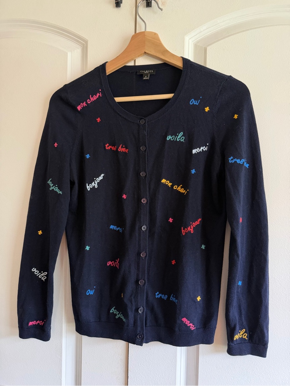 Talbots Navy Cardigan Multicolor Script Embroidery Italian Bonjoir Vacation 💙